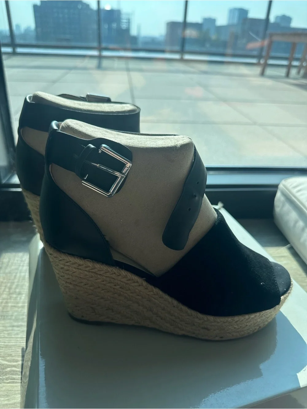 Marc Fisher Black Espadrille Wedge Sandals with Jute Platform